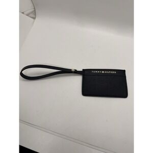Tommy Hilfiger Black Pebbled Leather Card Holder Wristlet ID Case Keychain Strap